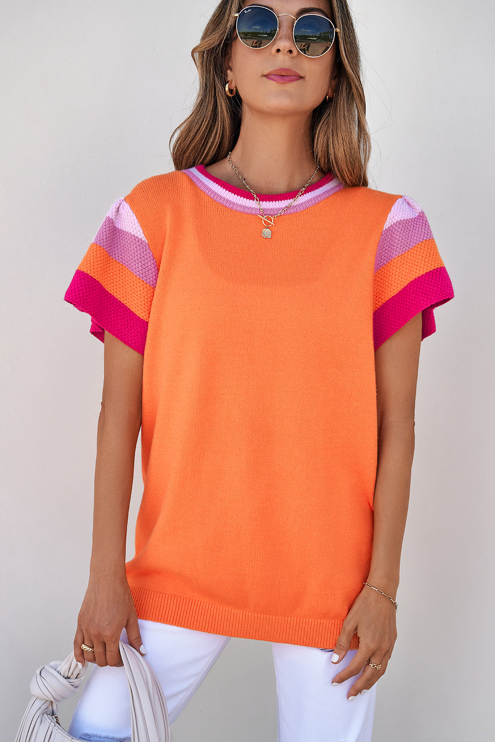T-shirt tricoté à manches flottantes contrastées carotte
