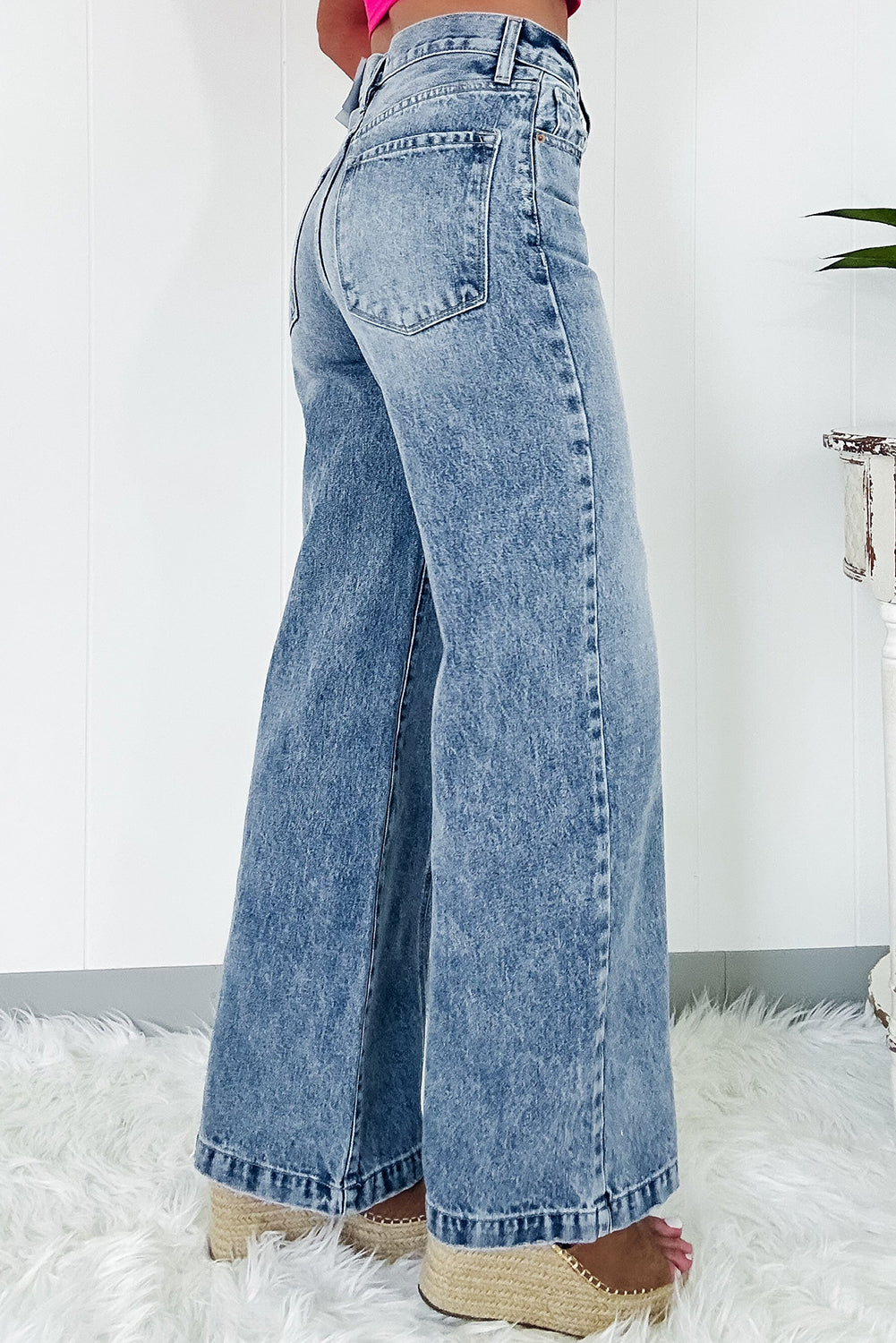 Jeans de cintura alta com costura central azul crepúsculo e perna larga