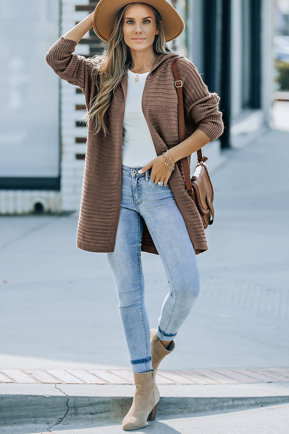 Black Horizontal Rib Knitted Open Front Hooded Cardigan