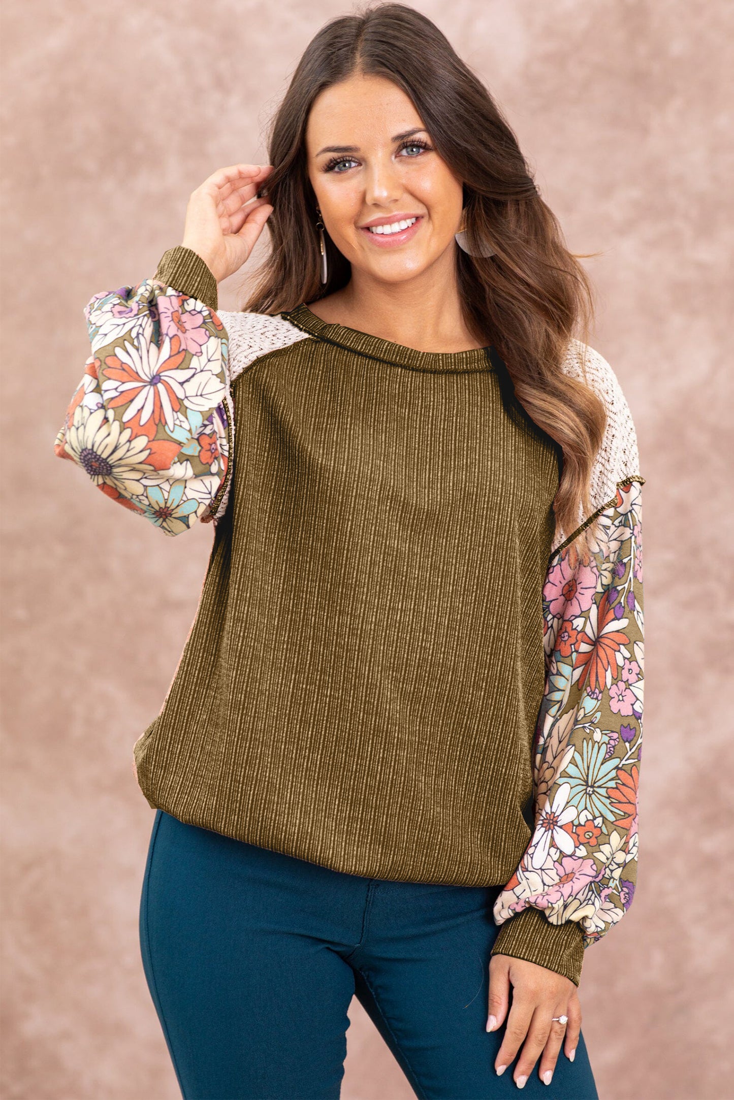 Blusa Marrom Floral Patchwork Manga Bufante Texturizada