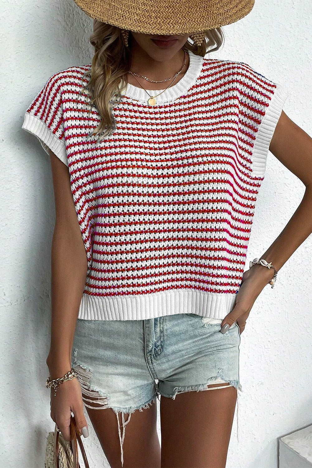 Gilet pull tricoté coupe ample à rayures noires et bordure côtelée