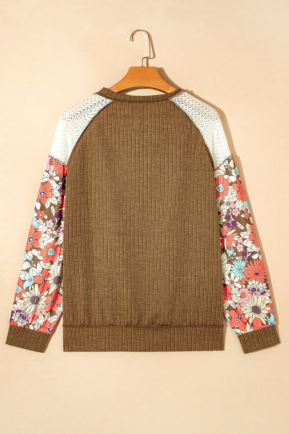 Blusa Marrom Floral Patchwork Manga Bufante Texturizada