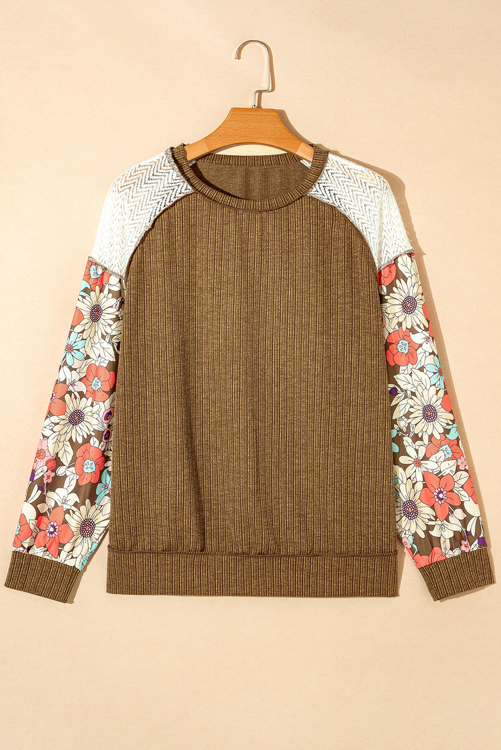 Blusa Marrom Floral Patchwork Manga Bufante Texturizada