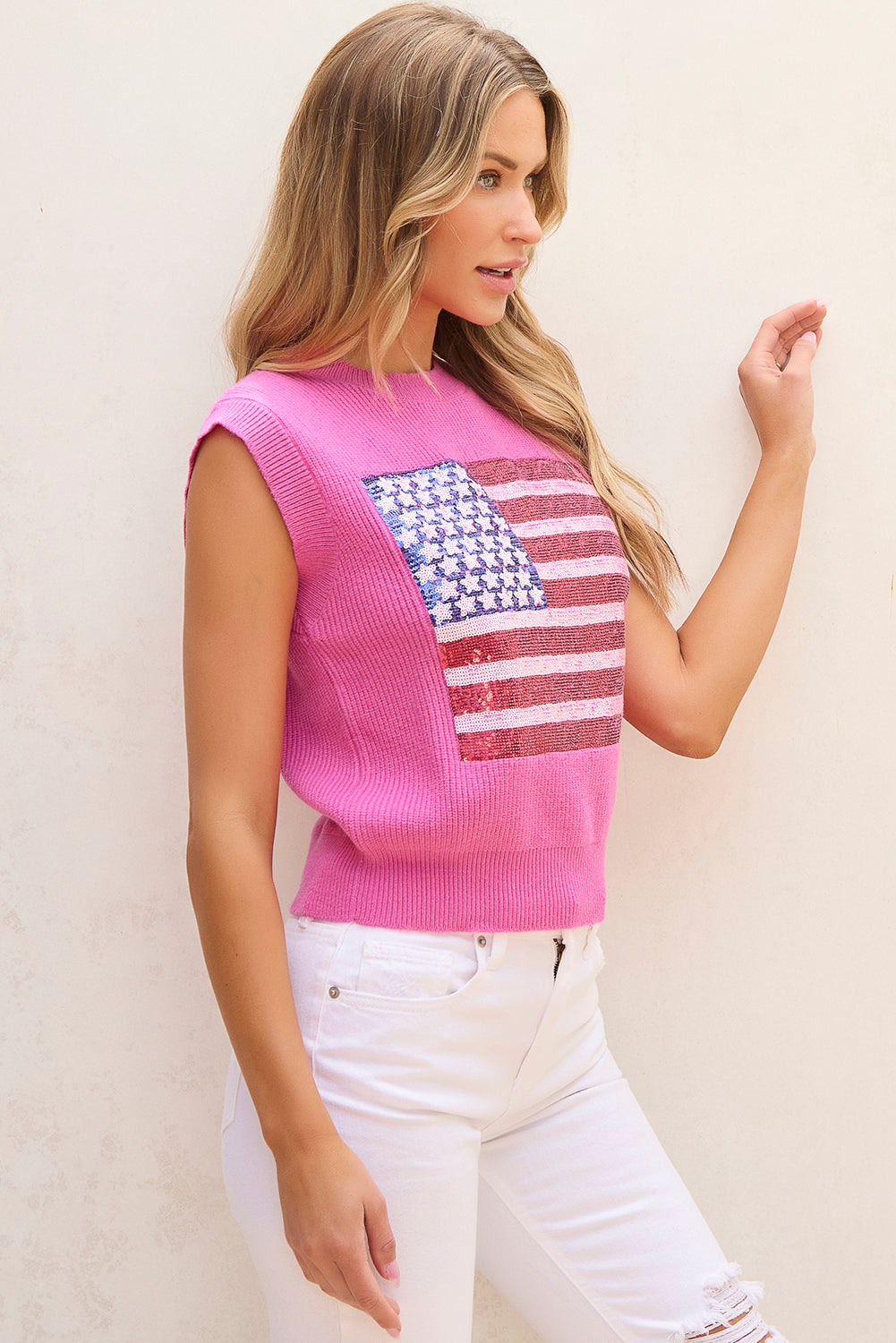 Gilet tricoté drapeau américain étincelant bleui
