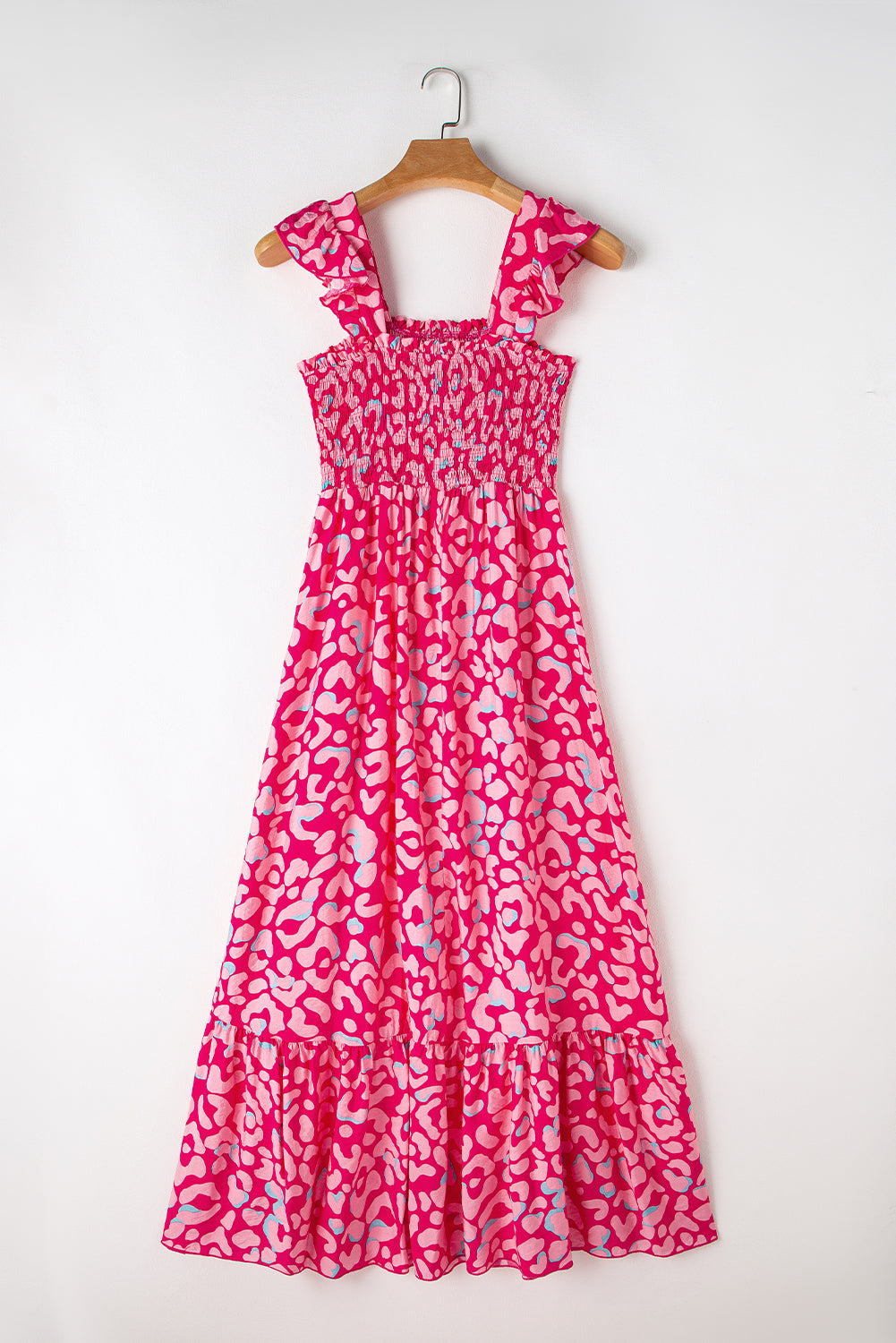 Vestido longo rosa leopardo com alças e cintura alta