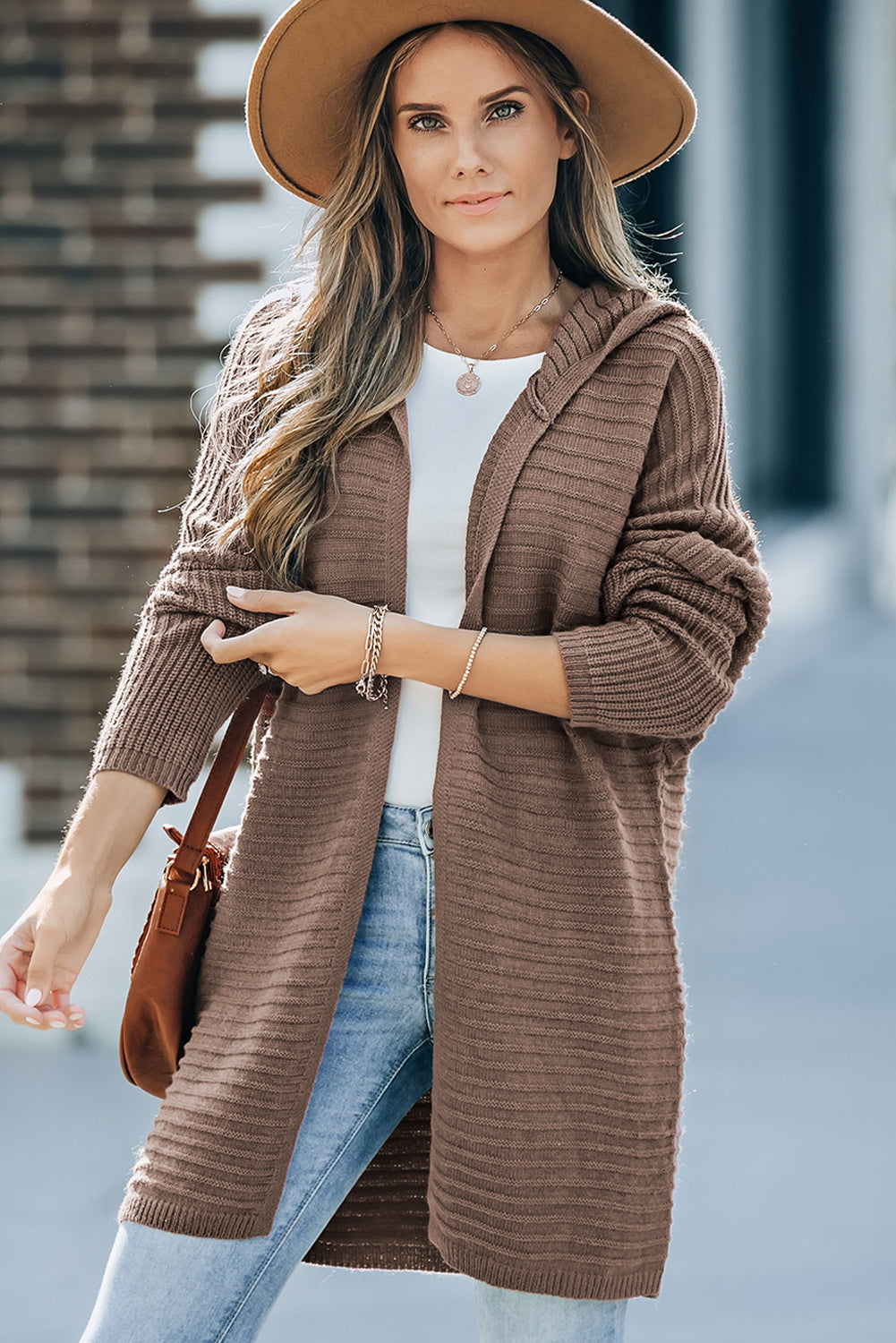 Black Horizontal Rib Knitted Open Front Hooded Cardigan