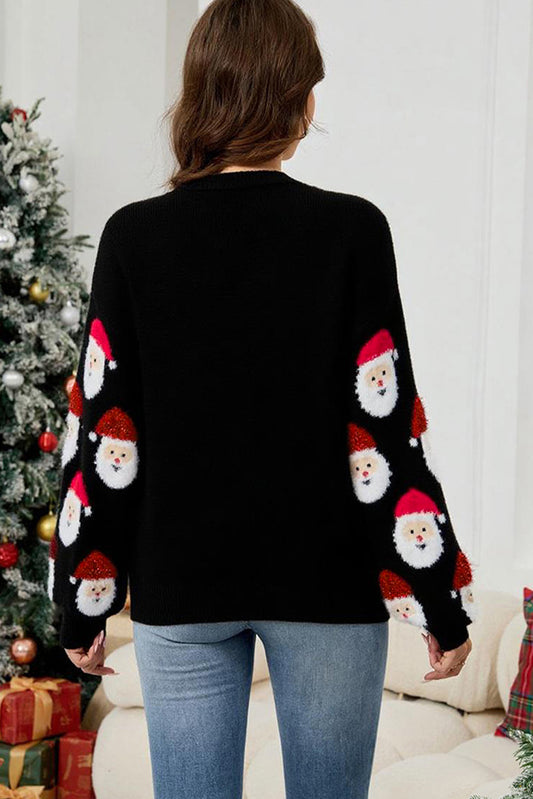 Black Christmas Santa Claus Pattern Button V Neck Sweater Cardigan