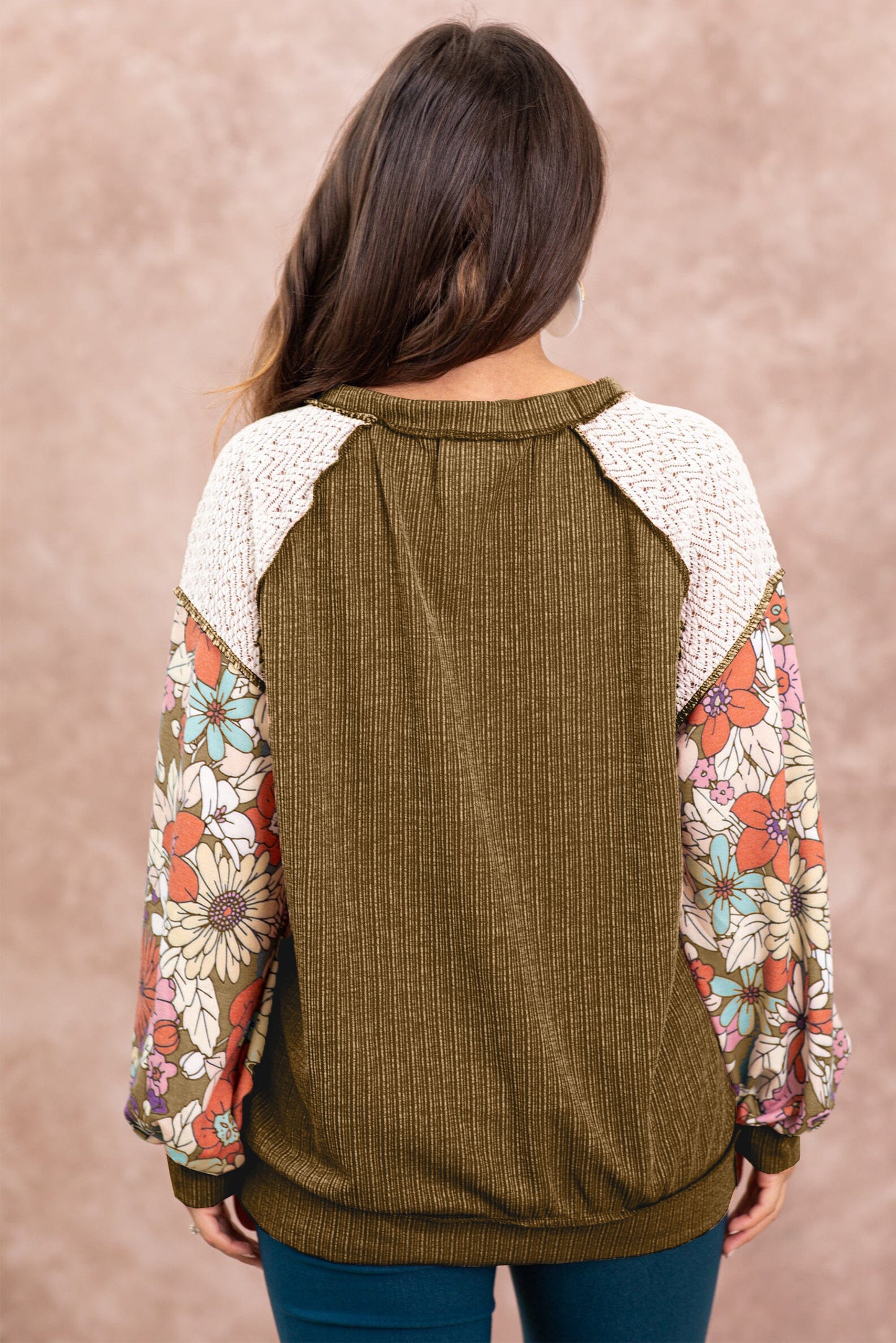 Blusa Marrom Floral Patchwork Manga Bufante Texturizada