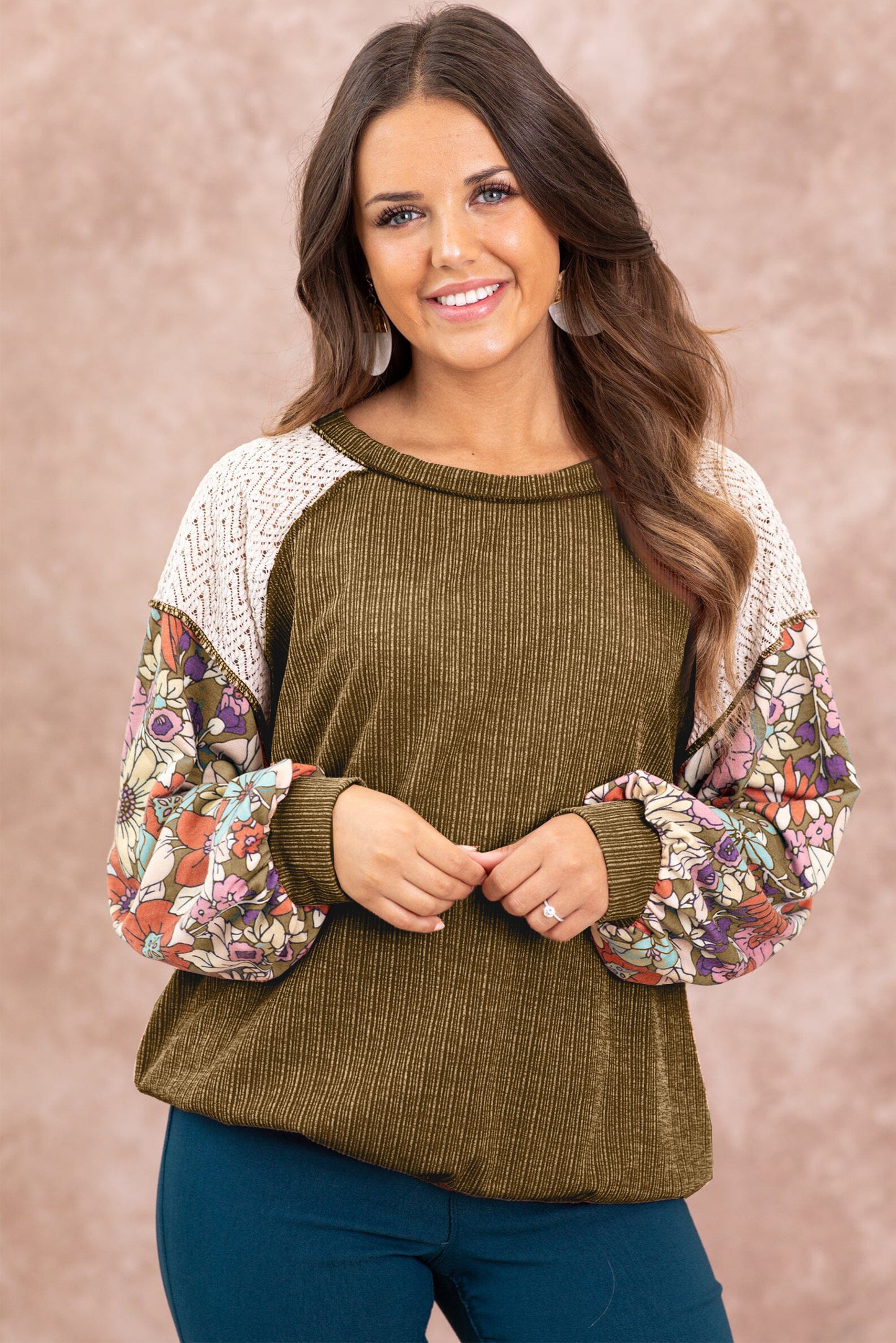 Blusa Marrom Floral Patchwork Manga Bufante Texturizada