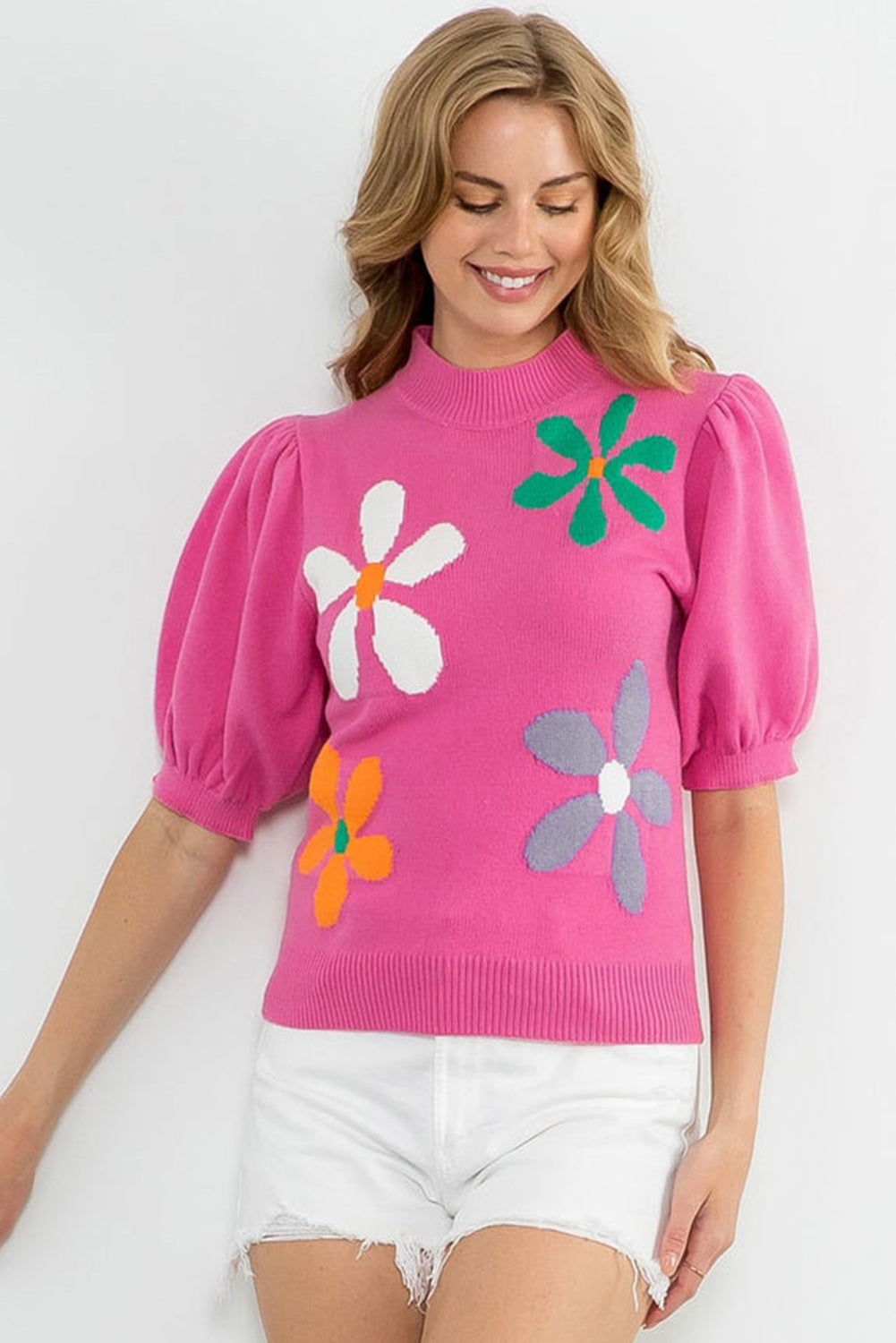 Pull à manches courtes à bulles florales rose vif