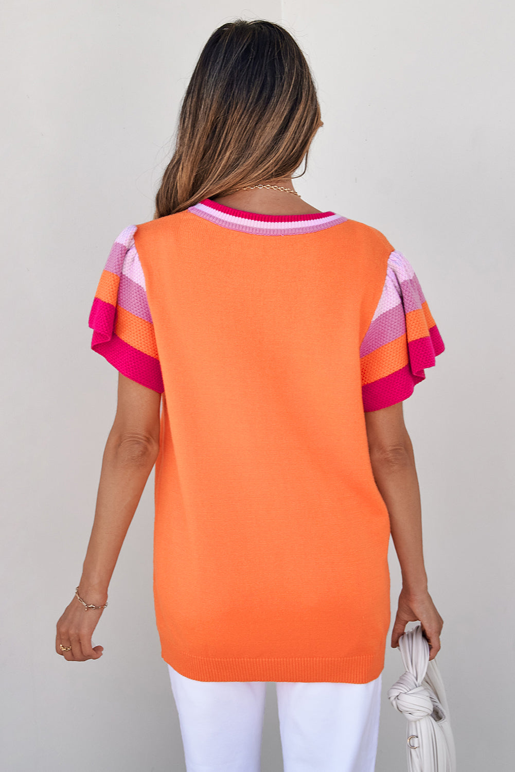 T-shirt tricoté à manches flottantes contrastées carotte