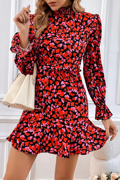 Red Valentines Day Heart Shape Print Long Sleeve Mini Dress - Posh Discount