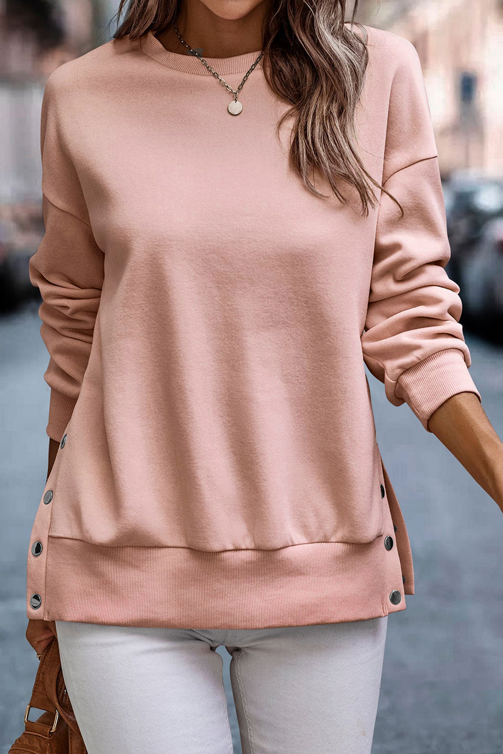 Light Pink Snap Buttons Side Splits Pullover Sweatshirt