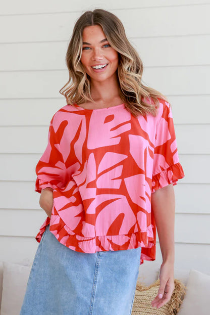 Strawberry Pink Abstract Palm Printed Ruffled Top and Wide Leg Pants Set