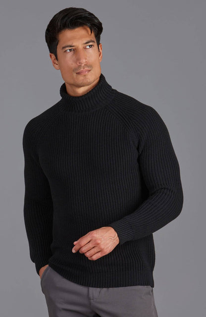 Mens Midweight Cotton Fisherman Rib Knit Roll Neck Jumper