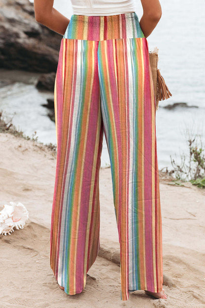 Pantalon large smocké à rayures multicolores taille haute