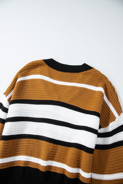 Brown Stripe Contrast Stripes V Neck Textured Knit Sweater