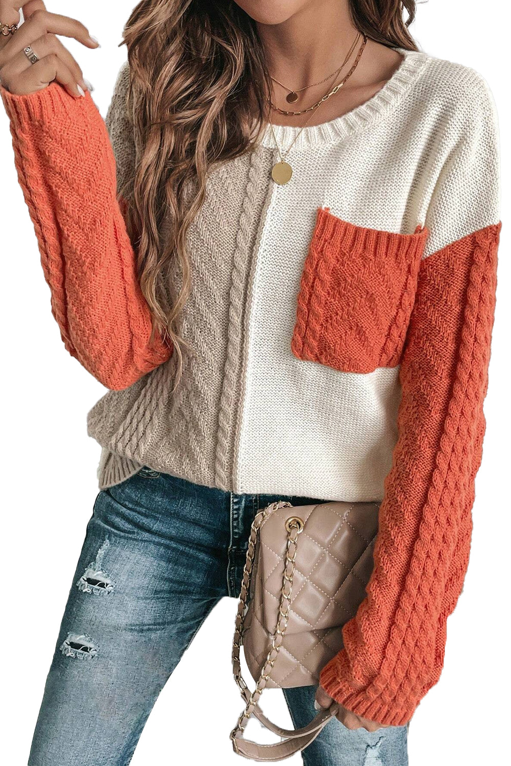 Vineyard Green Colorblock Patched Pocket Drop Shoulder Sweater