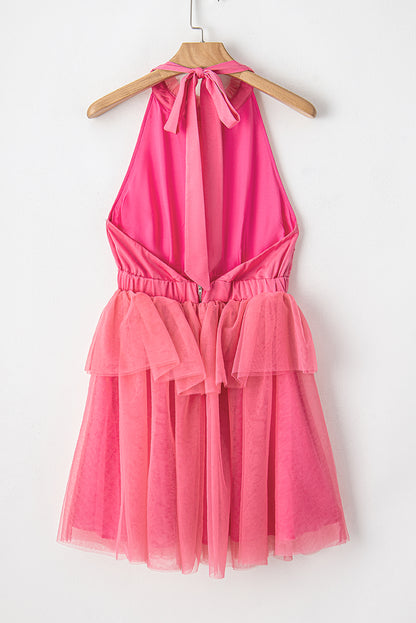 Robe dos nu nouée à volants en gaze rose fraise