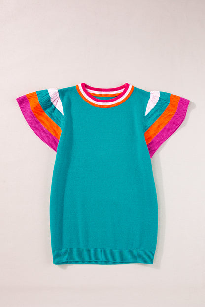 Carrot Contrast Flutter Sleeves Knitted Sweater T Shirt