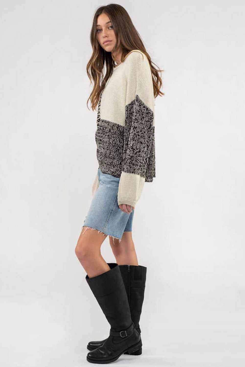 Black Neutral Colorblock Tie Back Sweater