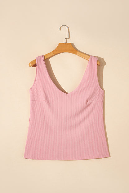 Light Pink V Neck Rib Textured Tank Top