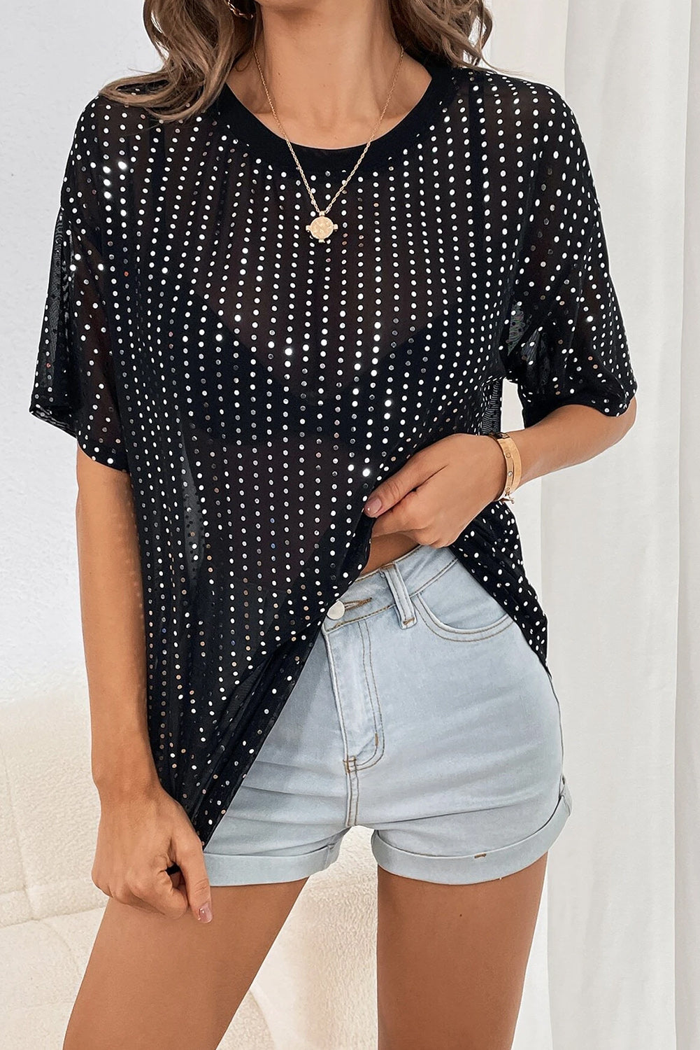 Black Sequin Drop Shoulder Sheer T-shirt