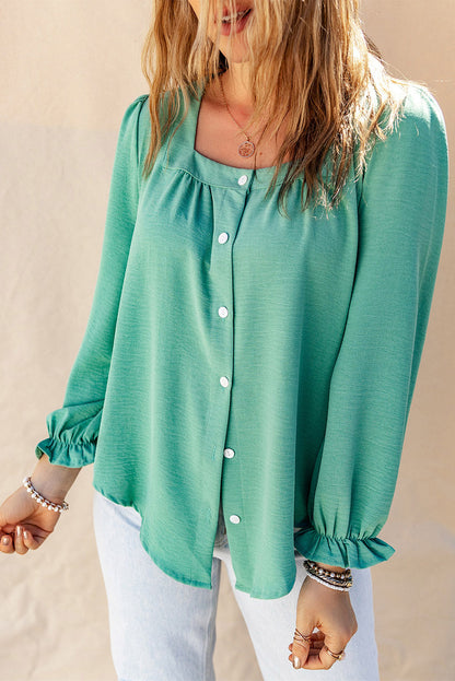 Green Flounce Sleeve Square Neck Button-Up Shirt