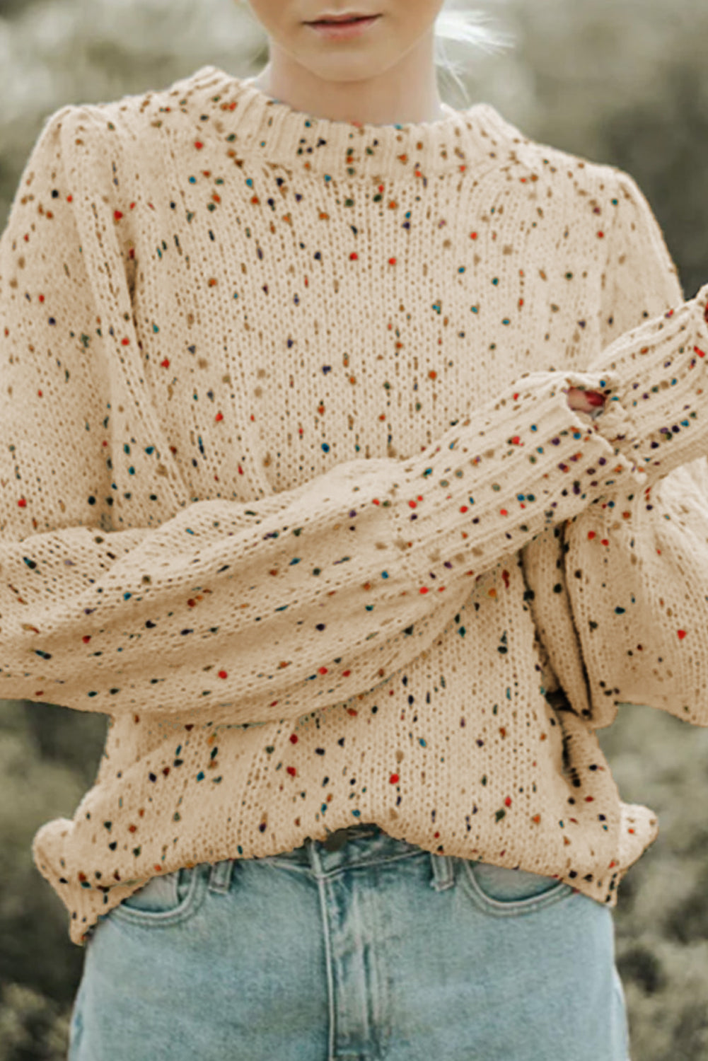 Beige Colorful Dots Cable Knit Crew Neck Sweater