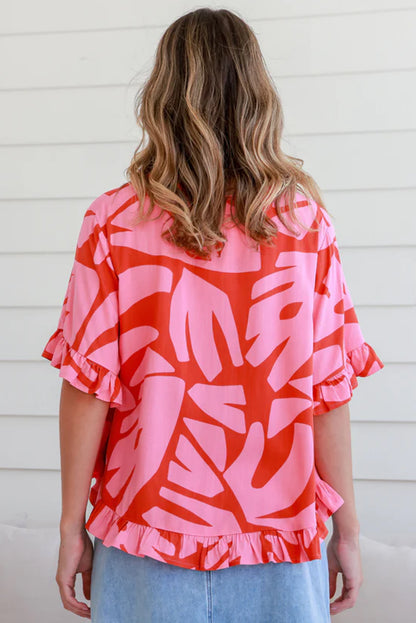 Strawberry Pink Abstract Palm Printed Ruffled Top and Wide Leg Pants Set