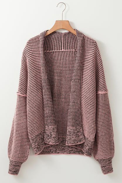 Grey Plaid Contrast Trim Open Front Cardigan