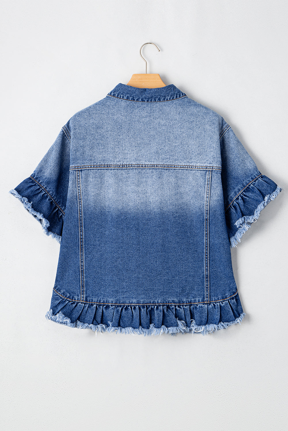 Black Raw Edge Ruffled Short Sleeve Denim Jacket