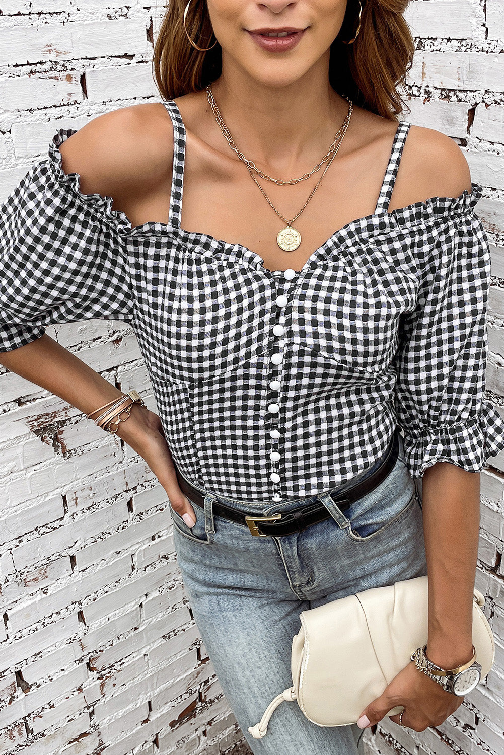 Black Sweetheart Gingham Button Down Cold Shoulder Blouse