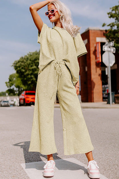 White Textured Loose Fit T Shirt and Drawstring Pants Set