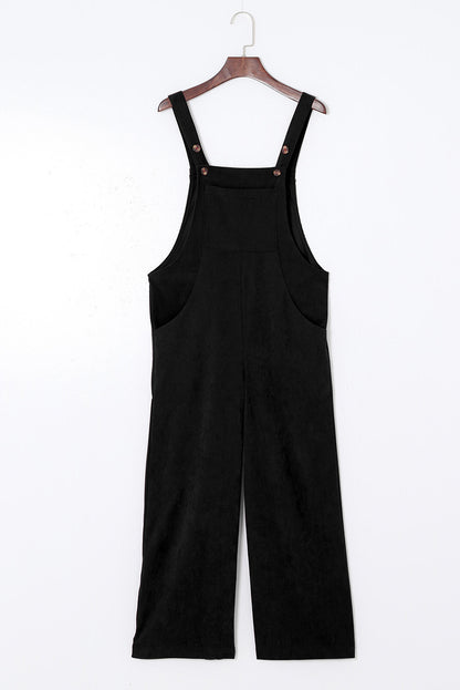 Black Solid Color Corduroy Wide Leg Bib Overalls