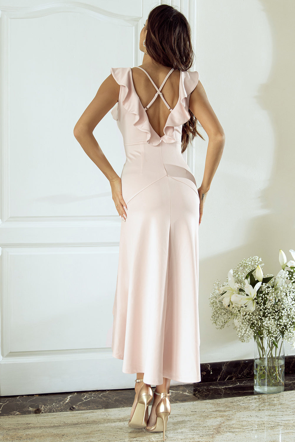 Robe de soirée de mariage dos nu croisée rose abricot avec bordure sirène