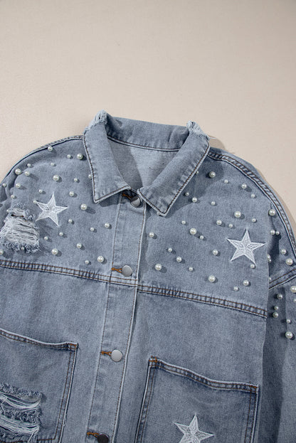 Sky Blue Distressed Pearls Star Cropped Denim Jacket