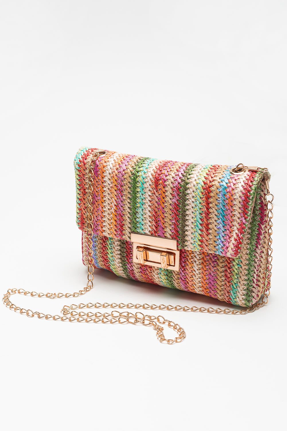 Sac à bandoulière bohème tissé multicolore avec chaîne dorée