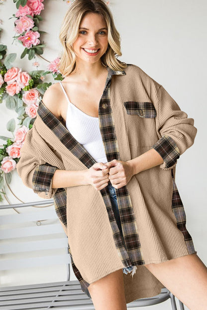 Apricot Plaid Patchwork Waffle Thermal Knit Shacket