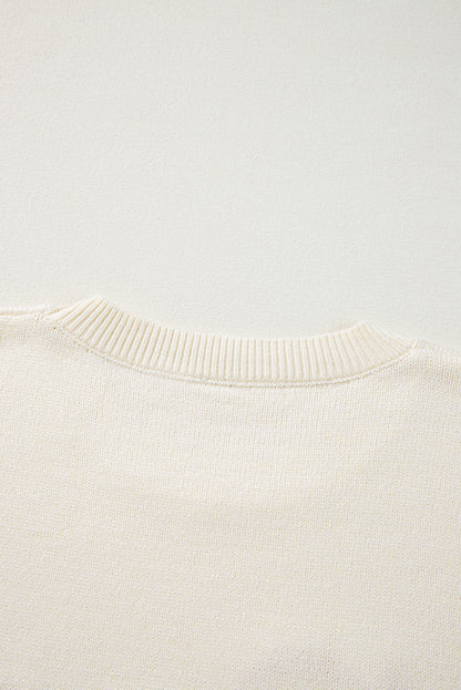 Black Boo Knitted Pattern Ribbed Edge Drop Shoulder Sweater