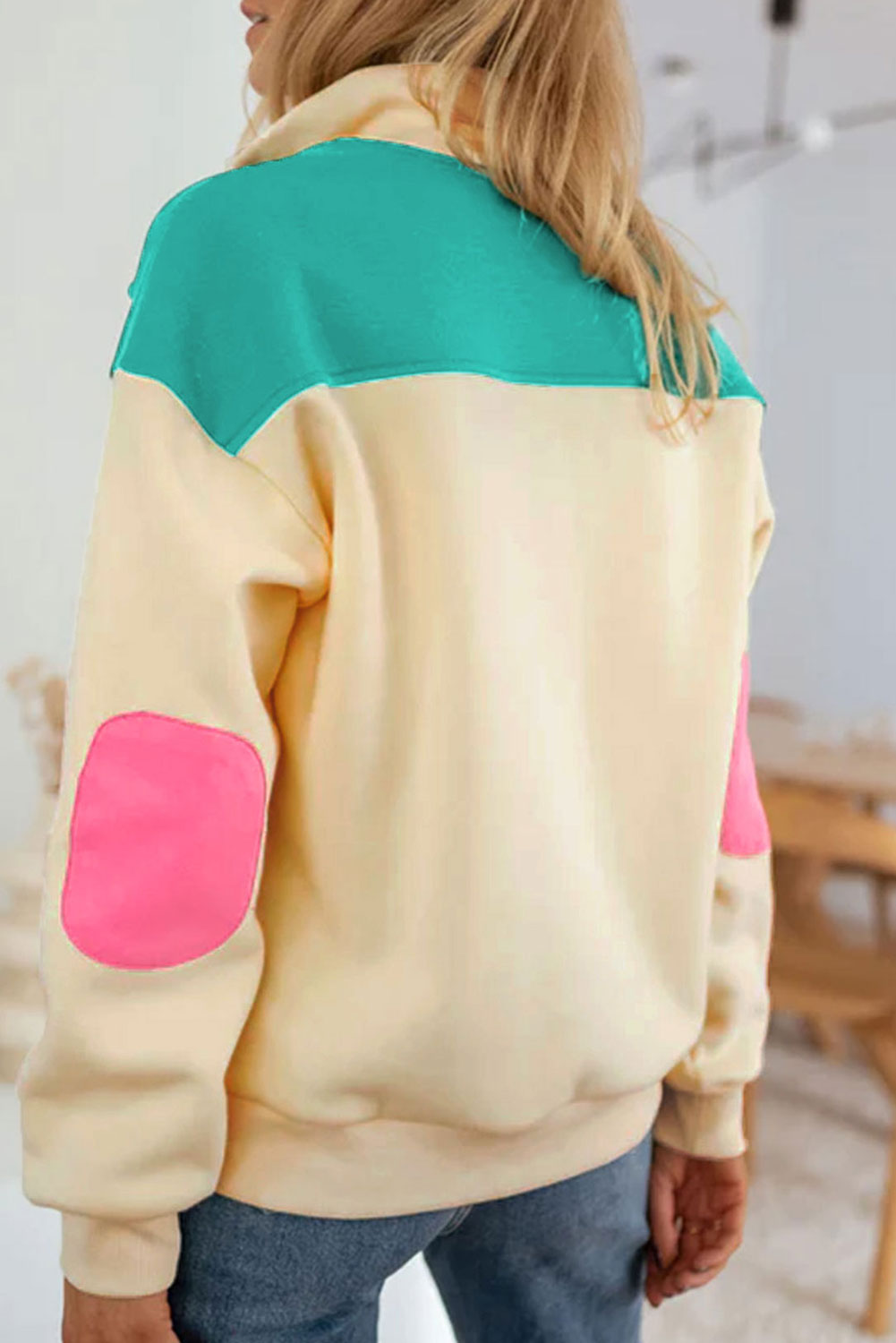 Apricot Color Block Elbow Patch Half Button Sweatshirt