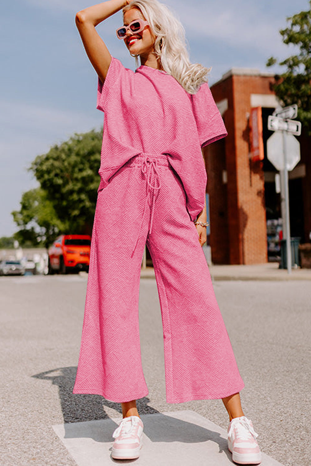 White Textured Loose Fit T Shirt and Drawstring Pants Set