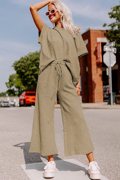 White Textured Loose Fit T Shirt and Drawstring Pants Set