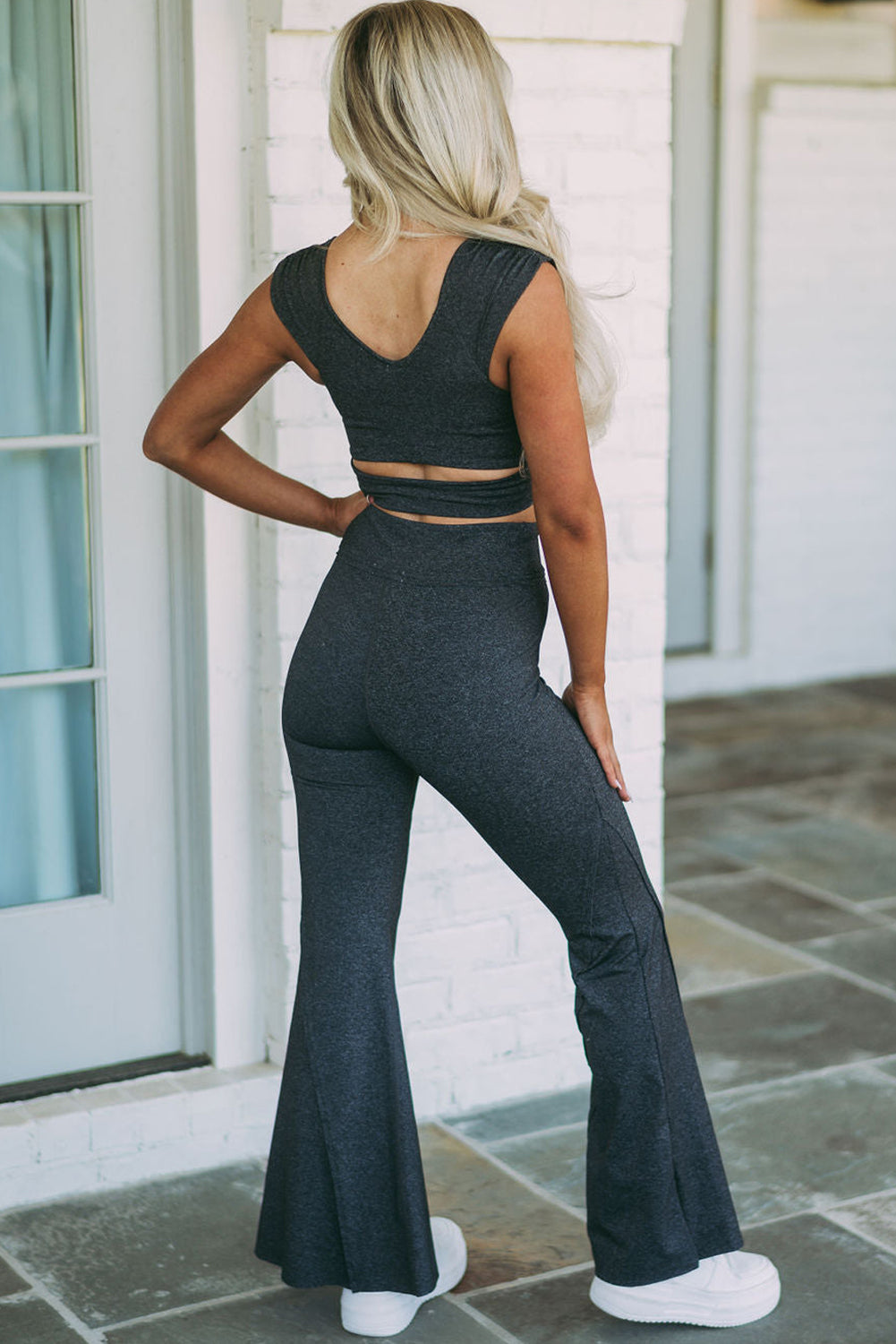 Carbon Grey Ruched Cropped Tank Split Flare Leg Pants Set