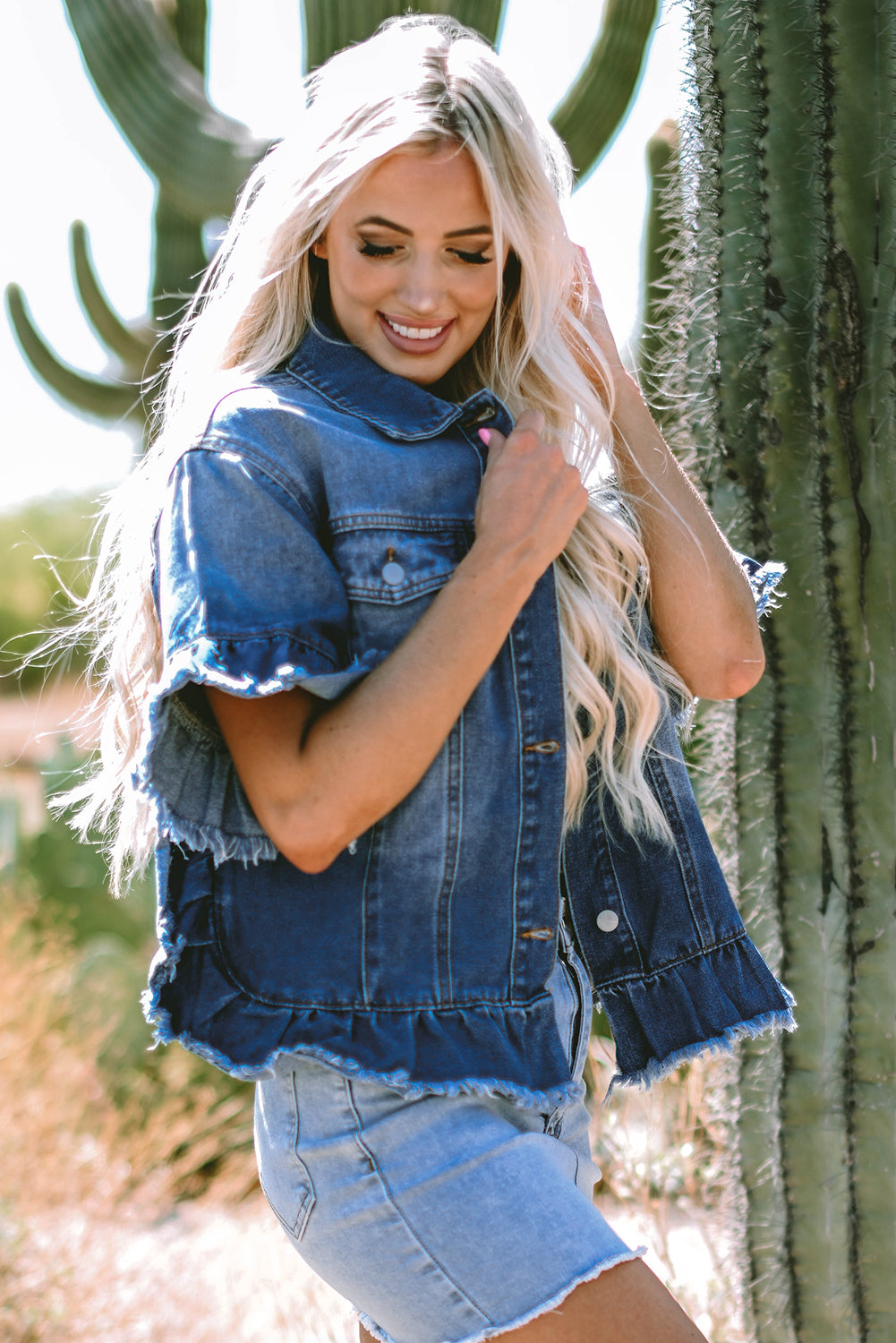 Black Raw Edge Ruffled Short Sleeve Denim Jacket