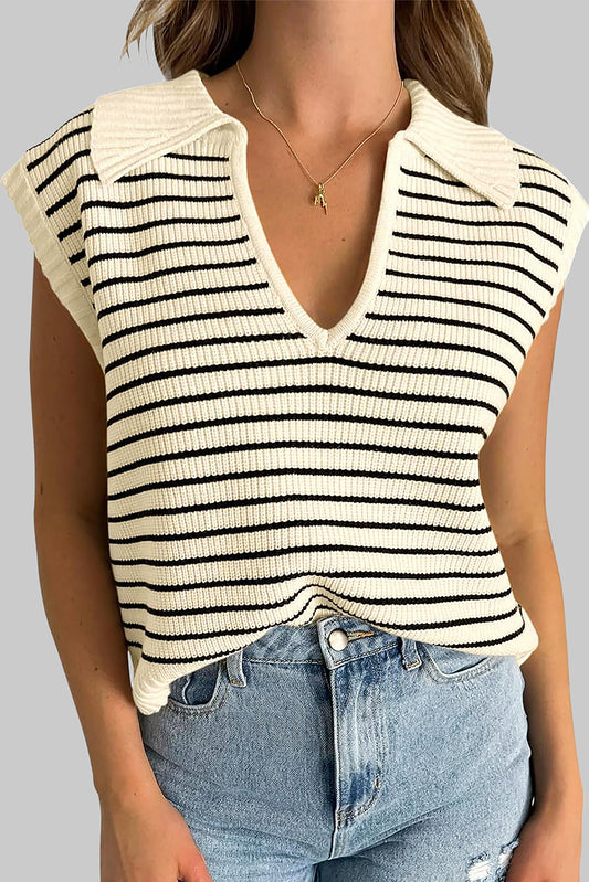 Black Stripe Turn-down V Neck Sweater Tank Top