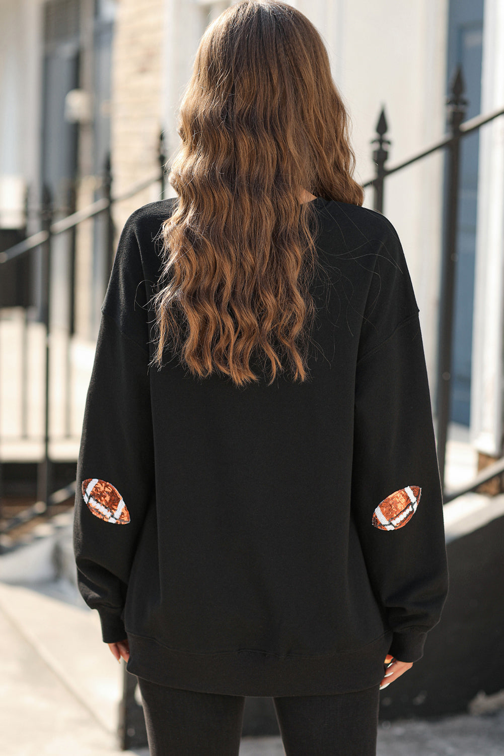 Black Sequin Rugby Graphic Pullover Sweatshirt