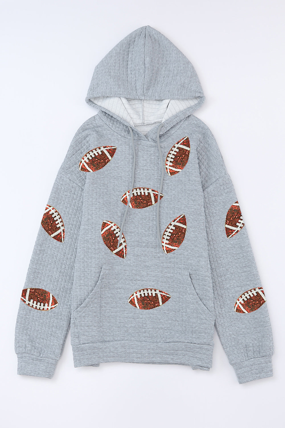 Gray Sequin Rugby Football Waffle Knit Kangaroo Pocket Loose Hoodie