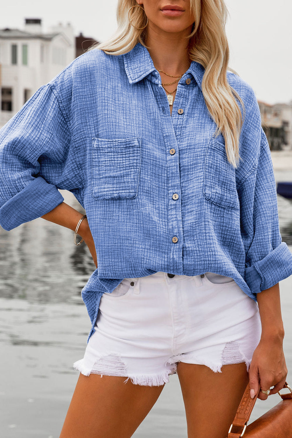 Sky Blue Mineral Wash Crinkle Textured Chest Pockets Shirt