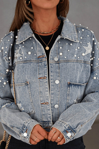 Veste en jean courte bleu ciel effet vieilli avec perles et étoiles